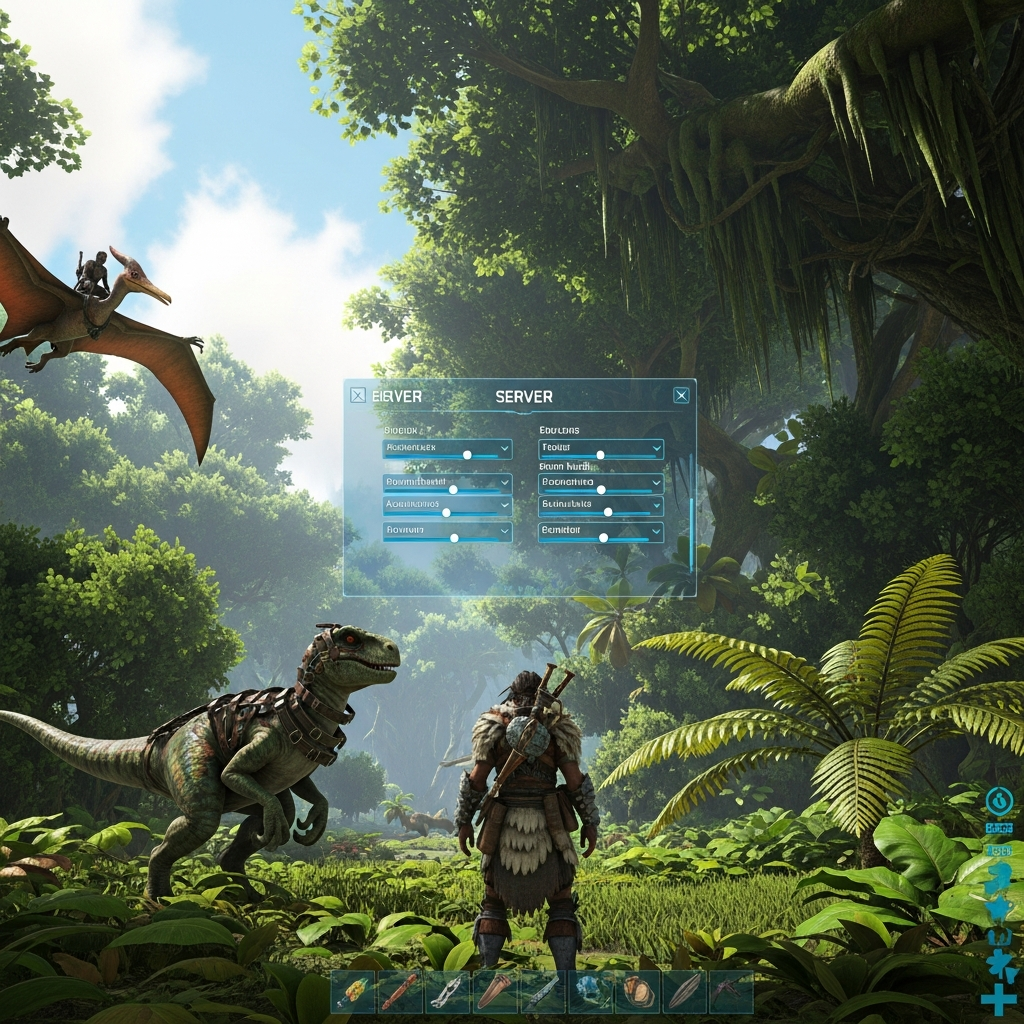 Fotorealistischer Screenshot eines ARK-Spielers, der in einem grünen Dschungel neben einem gezähmten Raptor steht und auf ein futuristisches Ingame-Servermenü mit Schiebereglern und Optionen blickt, während im Hintergrund ein weiterer Spieler auf einem Pteranodon vorbeifliegt