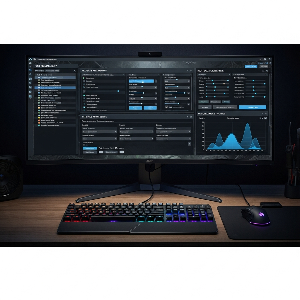 Fotorealistischer Screenshot eines ARK Server-Konfigurations-Panels auf einem modernen Monitor, detaillierte Benutzeroberfläche mit Mod-Verwaltung, Einstellungsparametern und Performance-Statistiken, professionelles Gaming-Setup mit mechanischer Tastatur