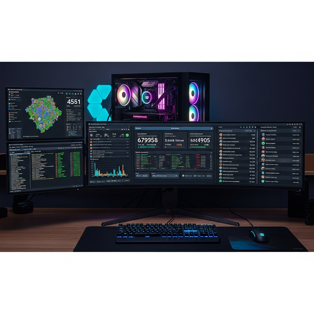 Fotorealistischer Screenshot eines Minecraft-Server-Dashboards auf einem modernen Gaming-Monitor, im Hintergrund sieht man einen leistungsstarken Tower-PC mit RGB-Beleuchtung und mehreren Bildschirmen, auf denen Server-Statistiken und Spieler-Listen angezeigt werden