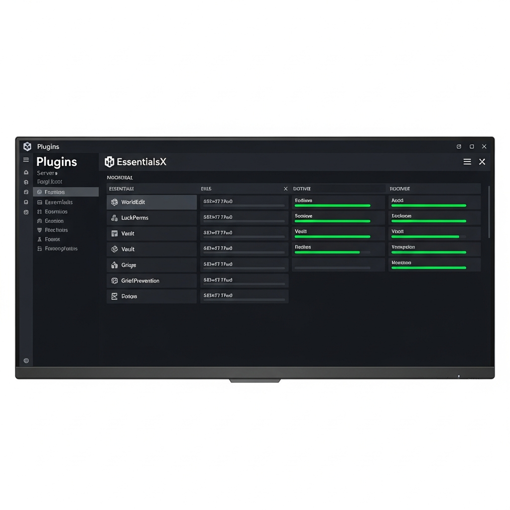 Fotorealistischer Screenshot eines Minecraft-Server-Panels mit einer übersichtlichen Plugin-Liste, moderne Benutzeroberfläche mit grünen Statusindikatoren, verschiedene Plugin-Kategorien sichtbar, professionelles Dashboard-Design auf einem 4K-Monitor