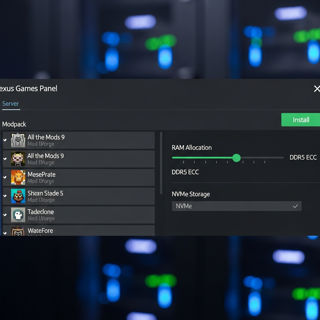 Fotorealistischer Screenshot eines Minecraft-Servers mit aktivierten CurseForge-Modpacks, zeigt das Nexus Games Panel mit Mod-Liste, RAM-Allocation-Slider (DDR5 ECC), NVMe-Speichernutzung und einem Installieren-Button für populäre Modpacks wie All the Mods 9
