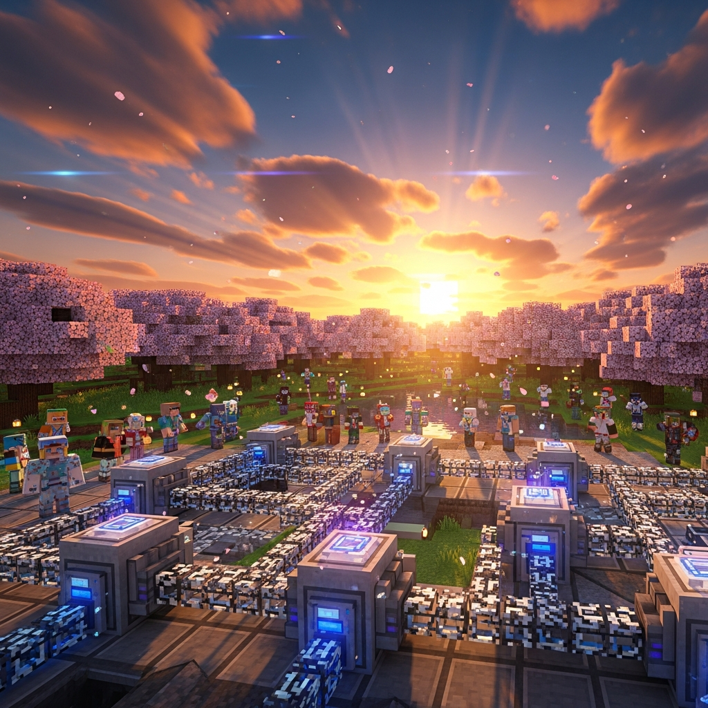 Fotorealistischer Screenshot eines Minecraft-Servers mit aktiviertem OptiFine-Shader, zeigt Sonnenuntergang über einer durch Biomes O' Plenty generierten Kirschblütenlandschaft, im Vordergrund ein futuristisches ME-Netzwerk aus Applied Energistics 2, im Hintergrund laufen 30+ Spieler-Charaktere, scharfe Details, leuchtende Partikeleffekte, 4K-Auflösung
