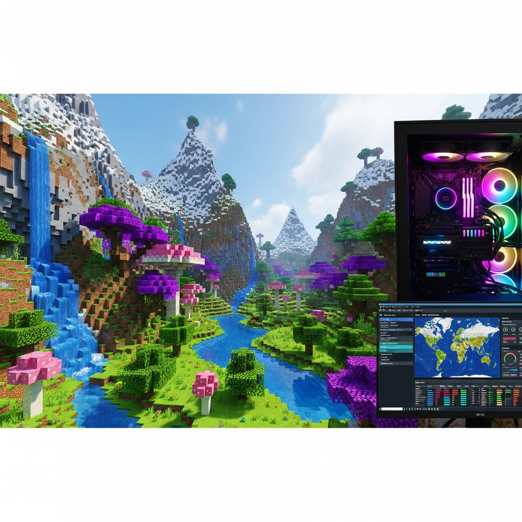 Fotorealistischer Screenshot eines Minecraft-Servers mit installiertem Terralith-Mod, zeigt spektakuläre neue Biome mit Bergen, Wasserfällen und Custom-Vegetation, im Hintergrund moderne Server-Hardware mit RGB-Beleuchtung und Monitoring-Dashboard auf einem zweiten Bildschirm