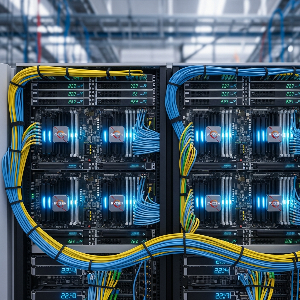 Fotorealistischer Screenshot eines hochmodernen Serverracks mit AMD Ryzen 9 Prozessoren und beleuchteten NVMe SSD-Modulen, professionelle Datacenter-Umgebung mit Temperaturanzeigen und Netzwerkkabeln