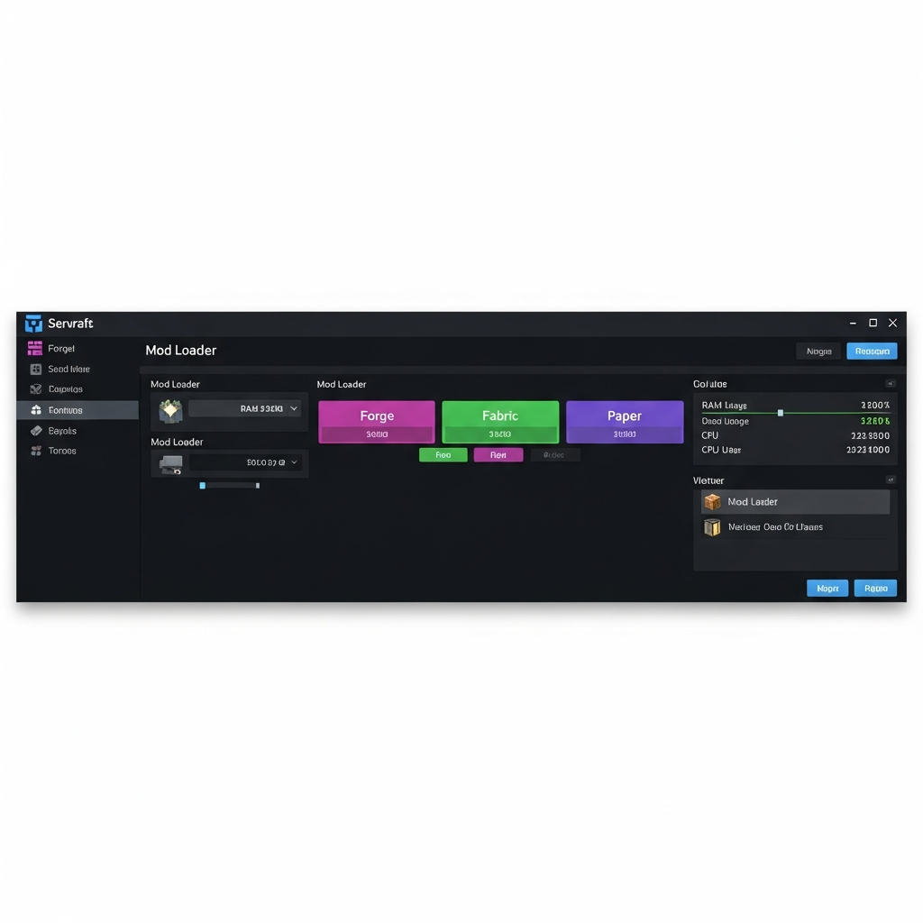Fotorealistischer Screenshot eines modernen Minecraft-Server-Control-Panels mit übersichtlicher Mod-Verwaltungsoberfläche, verschiedenen Mod-Loader-Optionen (Forge, Fabric, Paper) in einem dunklen Interface-Design, sichtbare RAM- und CPU-Auslastungsanzeigen, hochauflösend und professionell