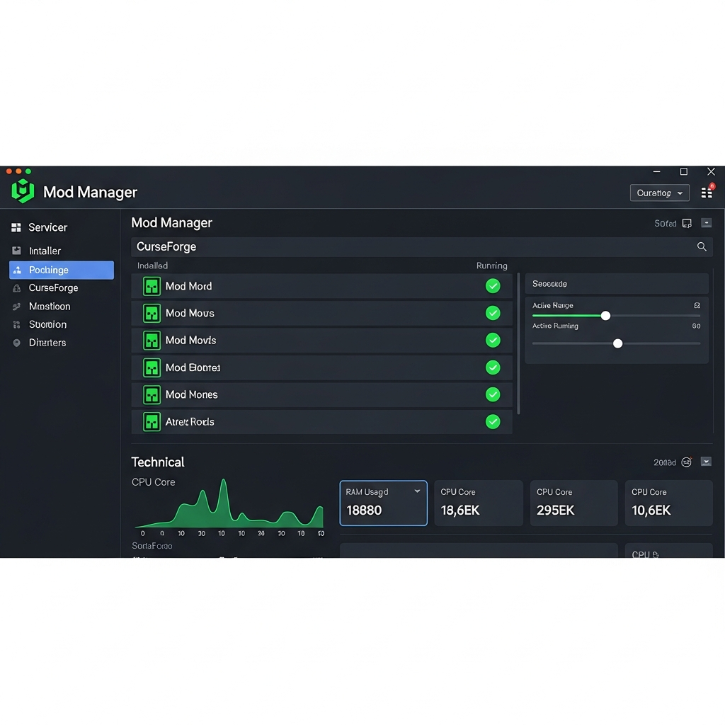 Fotorealistischer Screenshot eines modernen Minecraft-Server-Panels mit geöffnetem Mod-Manager, der CurseForge-Integration zeigt, mehrere installierte Mods mit grünen Status-Indikatoren, dunkles UI-Design mit technischen Details zu RAM-Auslastung und CPU-Kernen