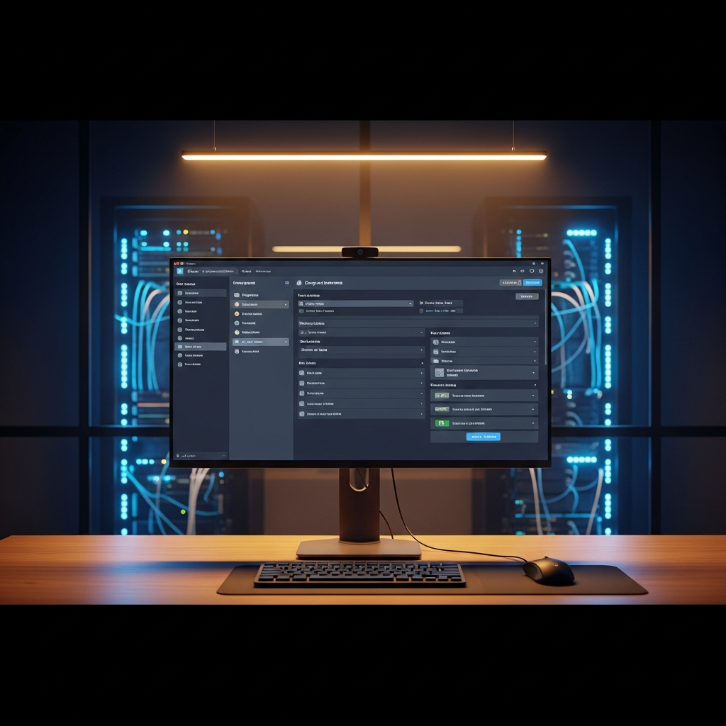 Fotorealistischer Screenshot eines modernen Minecraft-Server-Control-Panels auf einem 4K-Monitor, zeigt übersichtliche Plugin-Verwaltung mit Drag-and-Drop-Interface, im Hintergrund sieht man durch ein Fenster eine Server-Rack-Umgebung mit blauen LED-Leuchten, warmes Bürolicht beleuchtet Tastatur und Maus