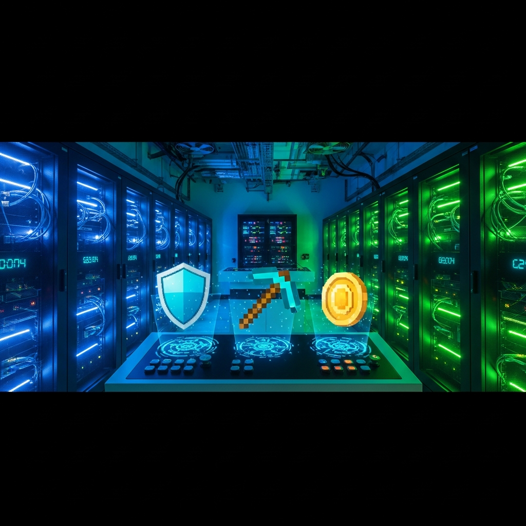 Fotorealistischer Screenshot eines modernen Minecraft-Serverraums mit leuchtenden Server-Racks, digitalen Hologrammen von Plugin-Icons (Schild, Werkzeug, Münze) schwebend über einem zentralen Steuerungspanel, dunkelblaue und grüne Beleuchtung, Hightech-Atmosphäre