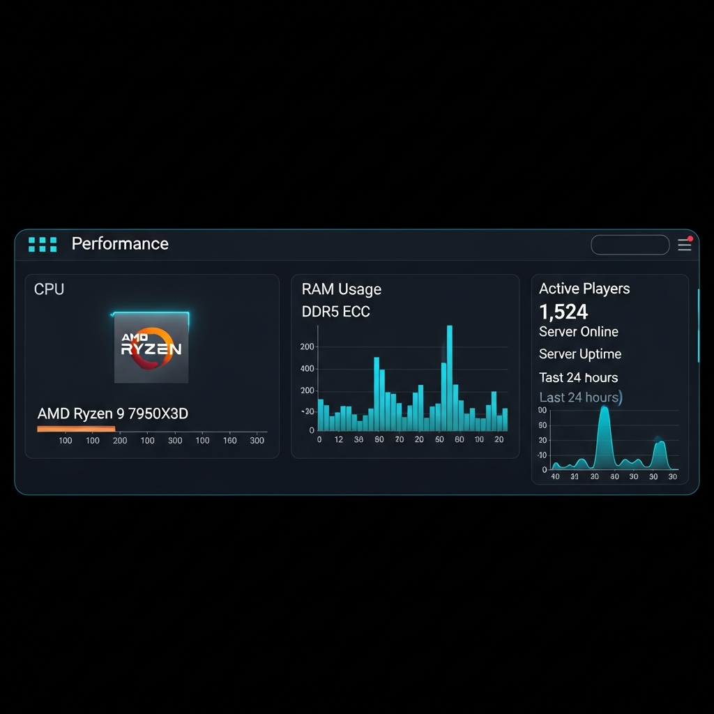 Fotorealistischer Screenshot eines modernen Minecraft-Server-Dashboards mit Performance-Metriken, CPU-Auslastung des AMD Ryzen 9 7950X3D, RAM-Nutzung (DDR5 ECC) und aktiven Spieler-Statistiken auf einem dunklen UI-Interface
