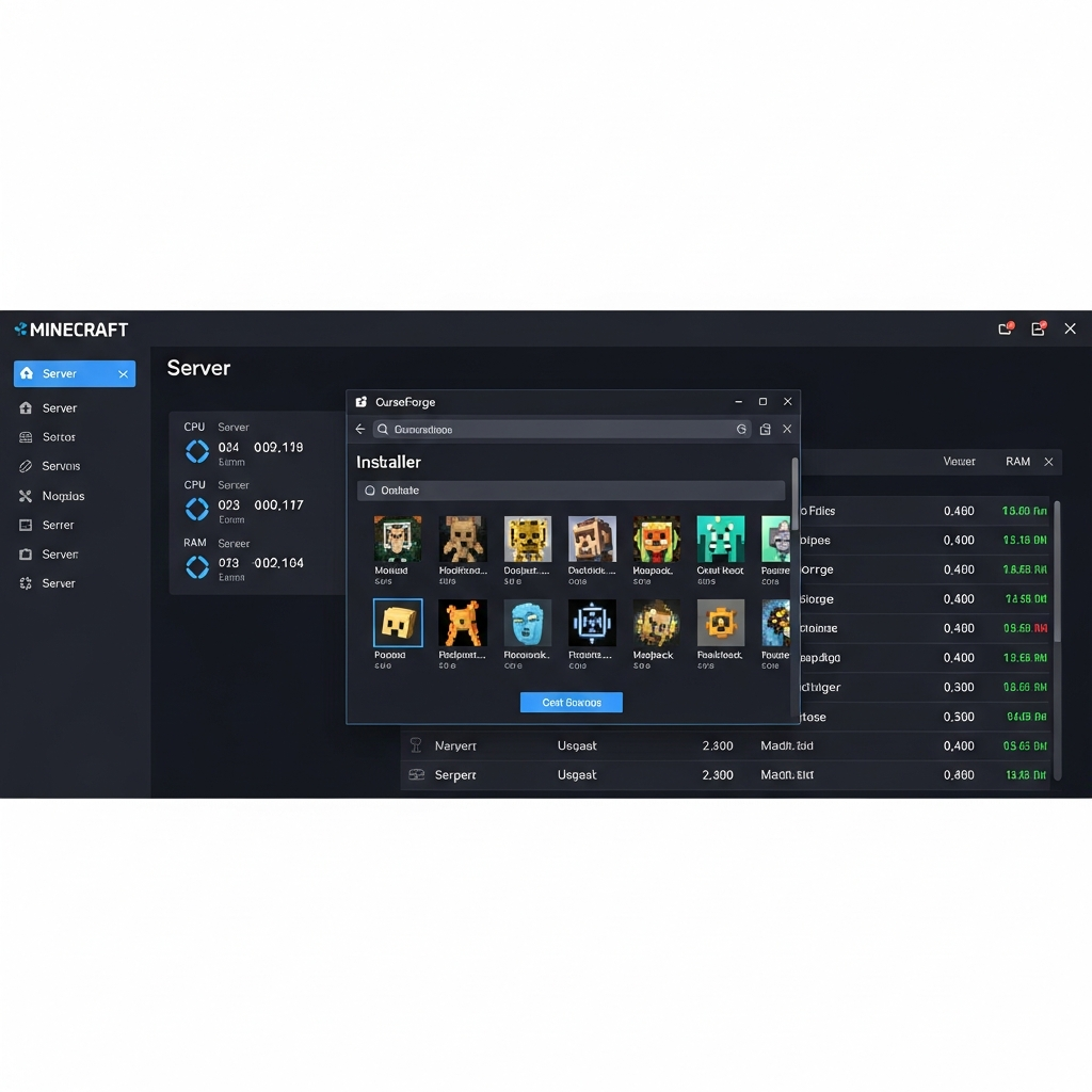 Fotorealistischer Screenshot eines modernen Minecraft-Server-Panels mit offenem CurseForge-Modpack-Installer, auf einem dunklen UI, im Hintergrund sichtbar eine Serverliste mit CPU- und RAM-Auslastung in Echtzeit, hochauflösend, professionelles Webhosting-Interface
