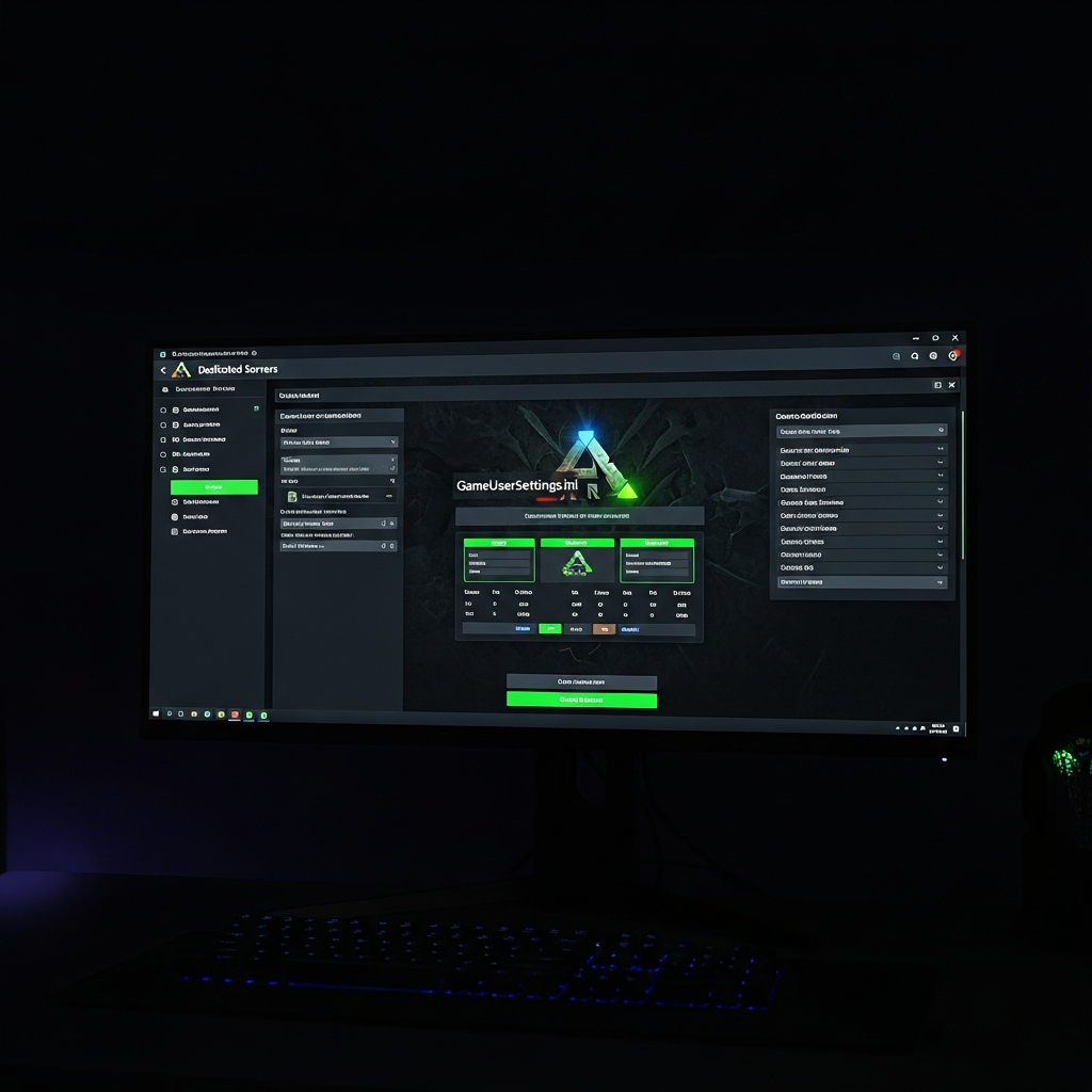 Fotorealistischer Screenshot eines modernen Server-Control-Panels auf einem hochauflösenden Monitor, das die Konfigurationsoberfläche für ARK Dedicated Server zeigt, mit sichtbaren Dateien GameUserSettings.ini und Game.ini, dunkles UI-Design mit grünen Akzenten, professionelle Gaming-Umgebung