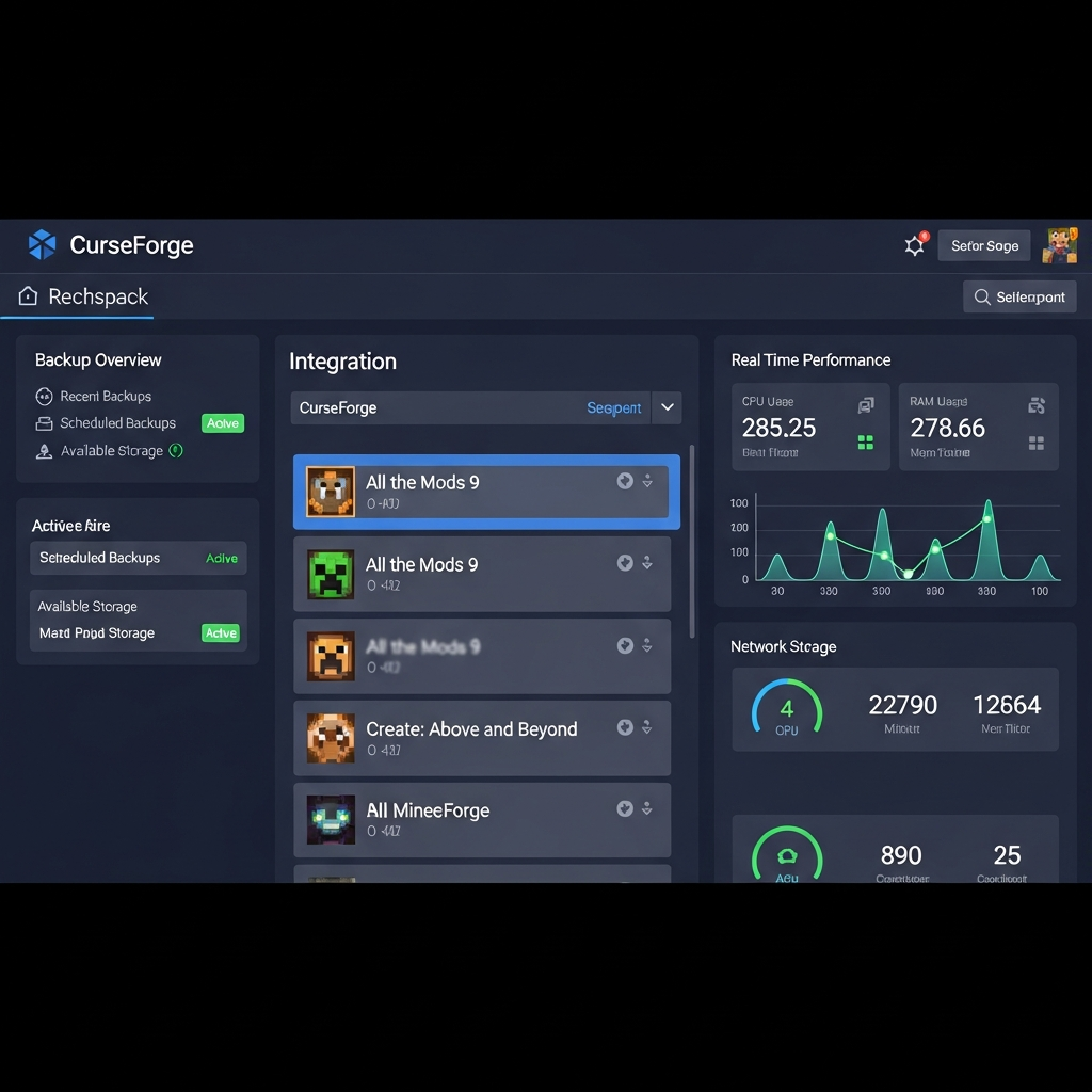 Fotorealistischer Screenshot eines modernen Server-Management-Panels mit CurseForge-Integration, aufgelisteten Modpacks wie „All the Mods 9" und „Create: Above and Beyond", Performance-Metriken in Echtzeit und Backup-Übersicht