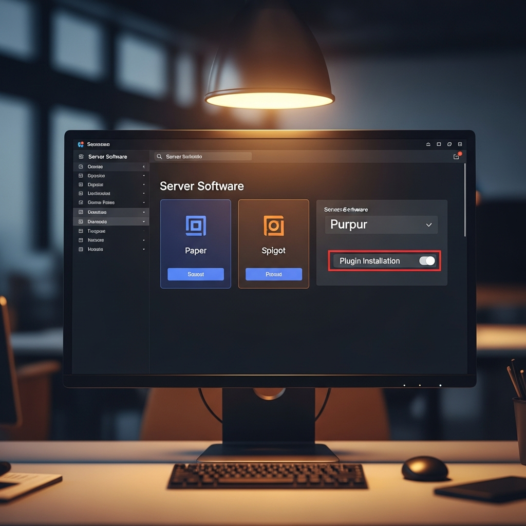 Fotorealistischer Screenshot eines modernen Server-Management-Panels auf einem Desktop-Monitor, das die Minecraft-Server-Softwareauswahl zeigt – Paper, Spigot, Purpur – mit aktivierter Plugin-Installation, warmes Bürolicht, technisch und professionell