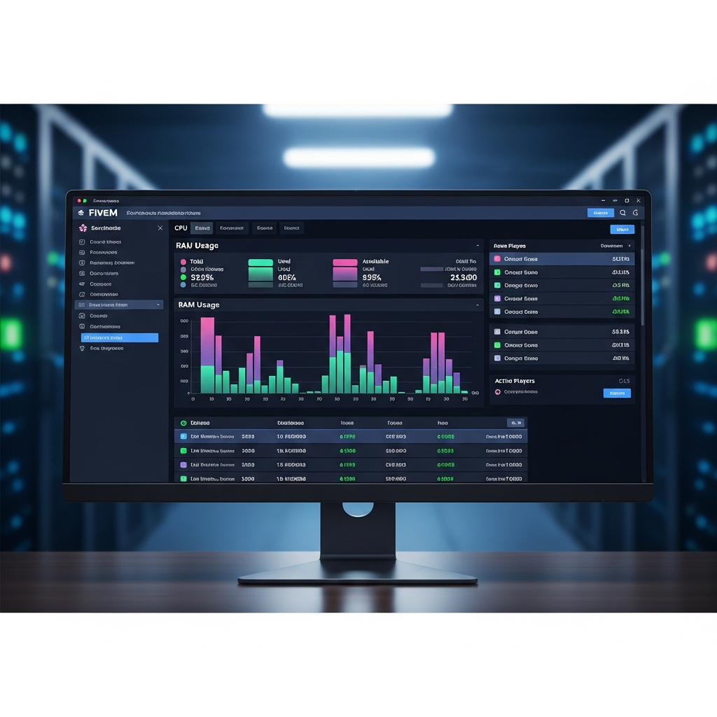 Fotorealistischer Screenshot eines modernen Server-Verwaltungspanels auf einem Desktop-Monitor, das die FiveM-Server-Konfiguration mit CPU-Auslastung, RAM-Statistiken und aktiven Spielern anzeigt, hochauflösend und professionell beleuchtet