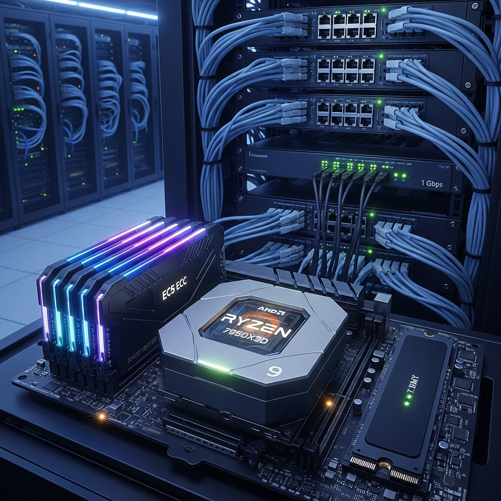 Fotorealistischer Serverraum mit beleuchtetem AMD Ryzen 9 7950X3D Prozessor im Vordergrund, DDR5 ECC RAM-Module mit RGB-Beleuchtung, NVMe SSD mit leuchtenden Anzeigen, im Hintergrund Netzwerkkabel und Switch mit 1 Gbps-Ports, saubere Kabelführung, professionelle Beleuchtung, technische Präzision, 8K-Qualität