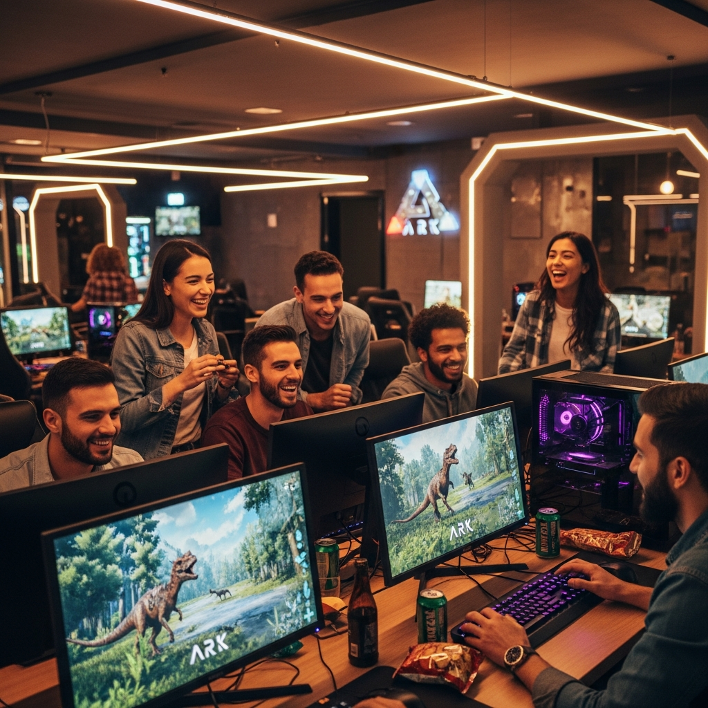 Fotorealistisches Bild einer fröhlichen Gaming-Community, Gruppe von Freunden vor Computern in einem modernen Gaming-Café, ARK-Gameplay auf den Monitoren sichtbar, positive soziale Atmosphäre, warme Beleuchtung