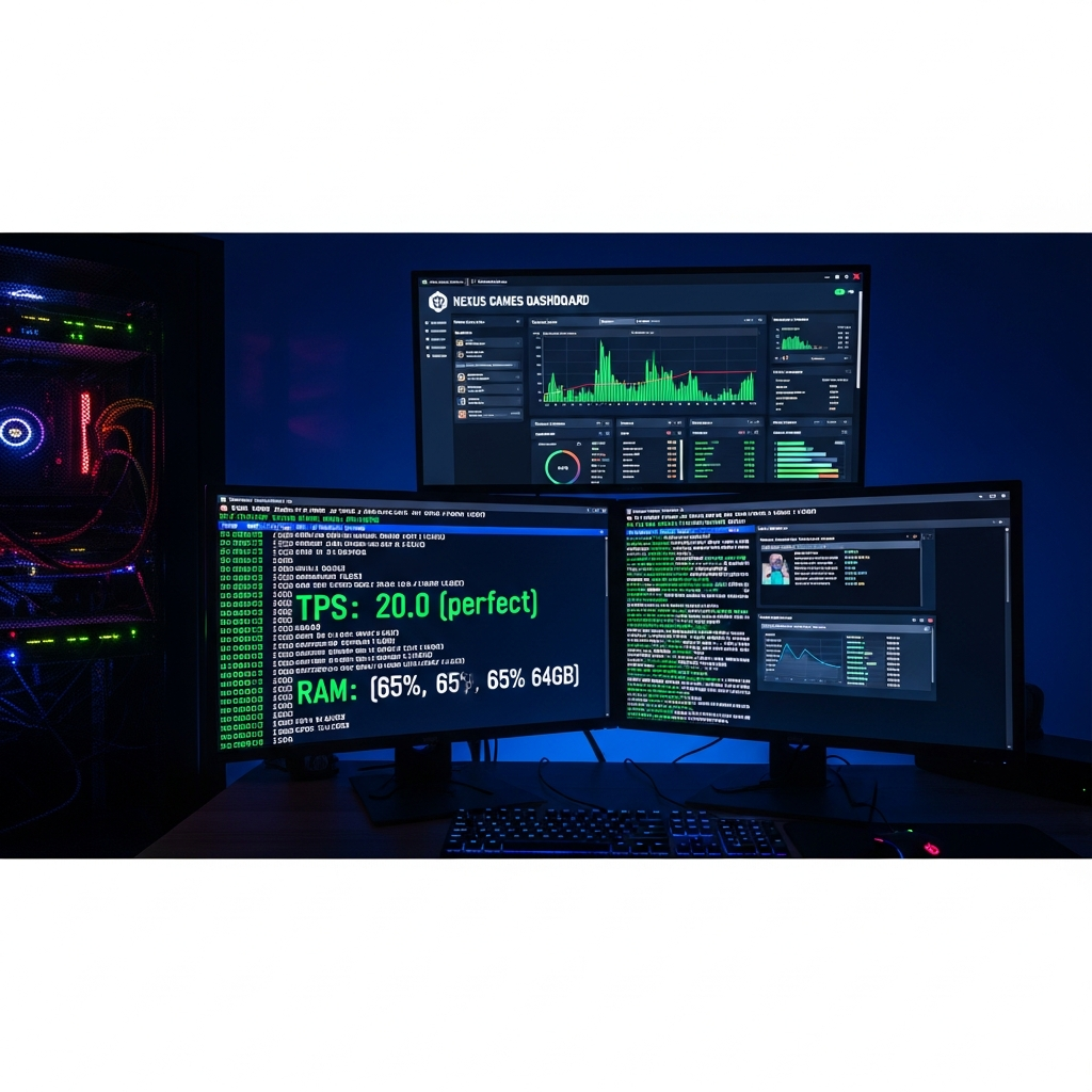 Fotorealistisches Bild eines aktiven Minecraft-Servers bei Nacht, zeigt die Konsole mit scrollenden Logs, Spieler-Join-Meldungen, TPS-Anzeige (20.0 TPS perfekt), RAM-Nutzung und einen Bildschirm mit dem Nexus Games Dashboard im Hintergrund, beleuchtet durch RGB-LEDs
