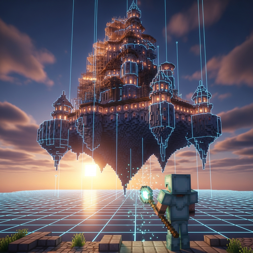 Fotorealistisches Bild eines massiven, schwebenden Minecraft-Schlosses im Bau, umgeben von leuchtenden blauen Auswahlmarkierungen und Gitterlinien, ein Spieler mit magischem Stab (WorldEdit-Tool) im Vordergrund, dramatisches Abendlicht, epische Fantasy-Atmosphäre
