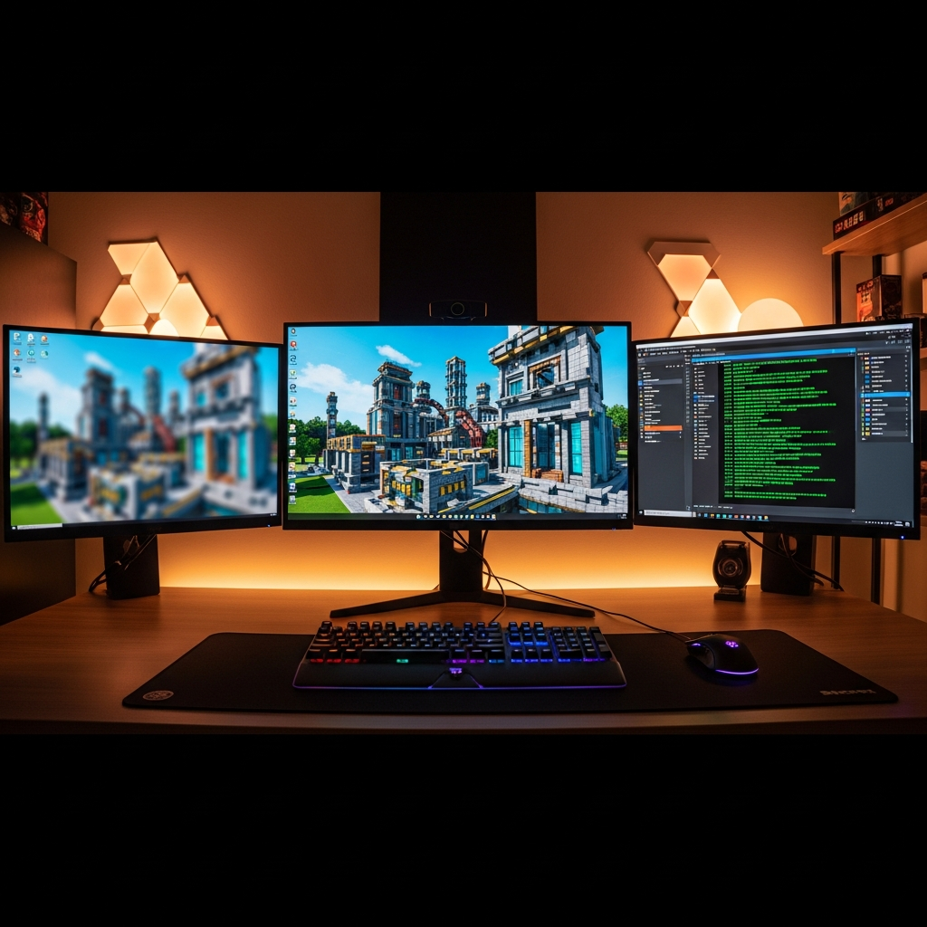 Fotorealistisches Bild eines modernen Gaming-Setups mit drei Monitoren, auf dem mittleren ein gemoddeter Minecraft-Server mit großer technischer Fabrik aus Create-Mod, seitlich geöffnete Server-Konsole mit grünen Statusmeldungen, warm beleuchteter Raum, professionelle Gamer-Atmosphäre