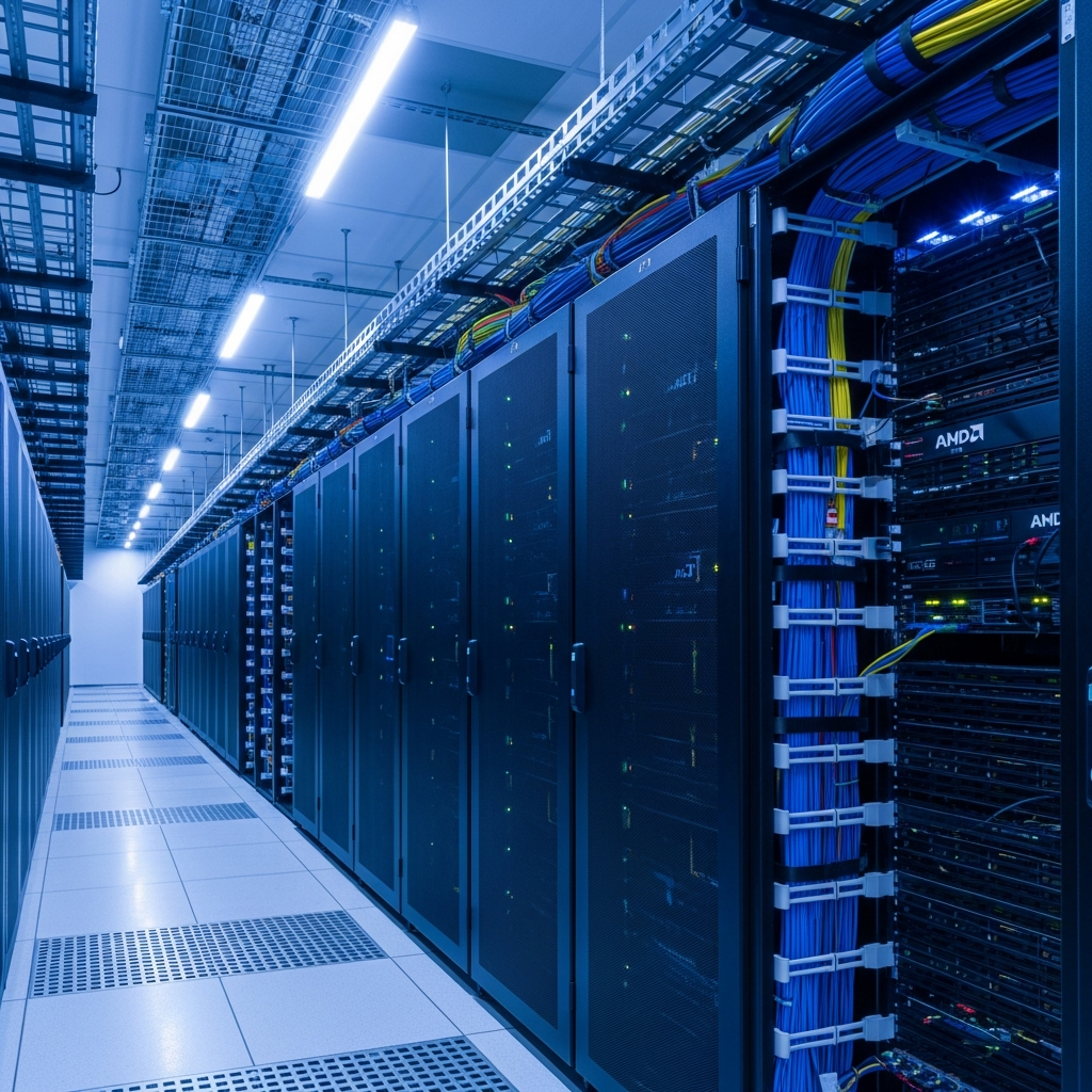 Fotorealistisches Bild eines modernen Rechenzentrums mit Reihen von Server-Racks, blaues LED-Licht, Kabelmanagement, symbolisiert professionelle Minecraft-Hosting-Infrastruktur mit AMD-Prozessoren