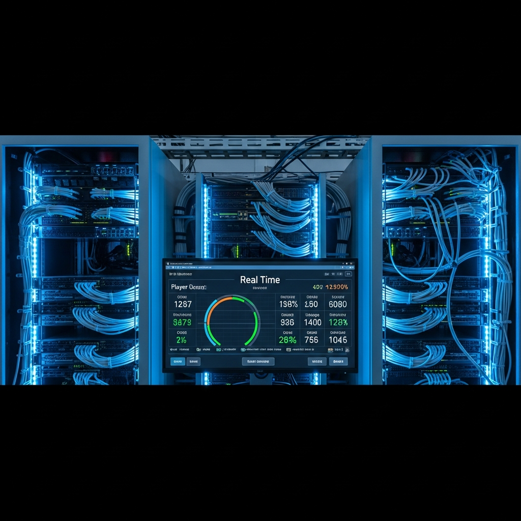 Fotorealistisches Bild eines modernen Server-Racks mit leuchtenden blauen LEDs, im Vordergrund ein Monitor, der Minecraft-Server-Statistiken und Ressourcenauslastung in Echtzeit zeigt, professionelle Rechenzentrumsumgebung mit Kabelmanagement