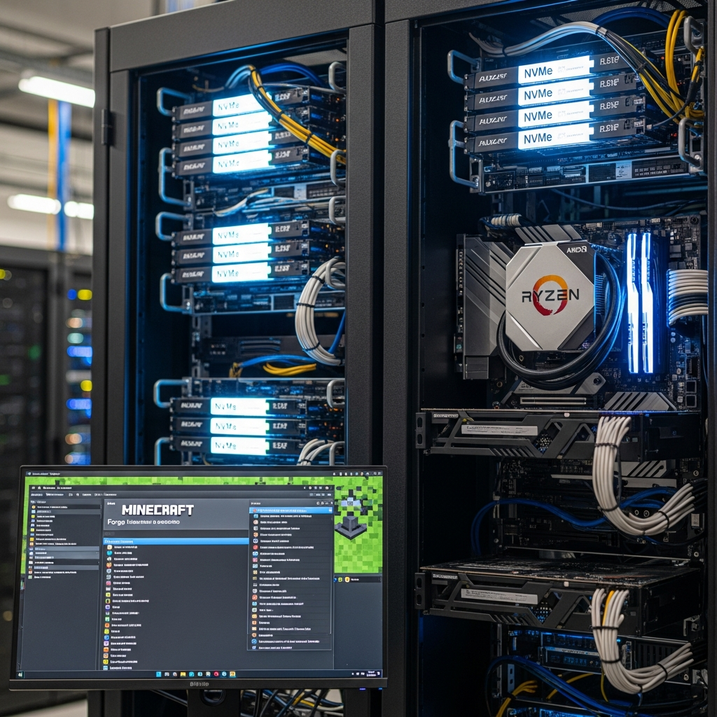 Fotorealistisches Bild eines modernen Server-Racks mit leuchtenden NVMe-SSD-Modulen und DDR5-RAM-Riegeln, im Vordergrund ein Monitor mit dem Minecraft-Launcher und der Forge-Modliste, im Hintergrund ein AMD Ryzen 9 7950X3D-Prozessor auf einem Mainboard, professionelle Rechenzentrumsbeleuchtung