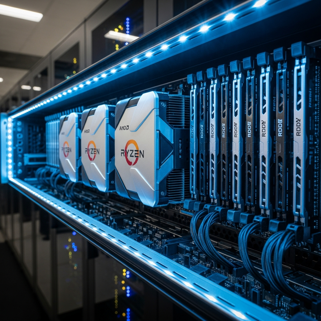 Fotorealistisches Bild eines modernen Server-Racks mit leuchtenden AMD Ryzen Prozessoren und DDR5 RAM-Modulen, professionelles Rechenzentrum mit blauer LED-Beleuchtung, Nahaufnahme der High-Performance Hardware für Gaming-Server