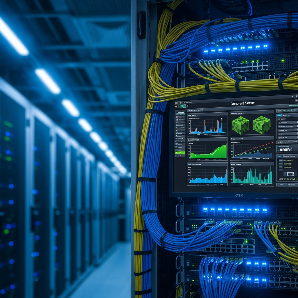 Fotorealistisches Bild eines modernen Server-Racks mit leuchtenden blauen LED-Anzeigen und Netzwerkkabeln, auf einem Monitor ist das Minecraft-Server-Dashboard mit Performance-Graphen zu sehen, professionelle Rechenzentrumsumgebung