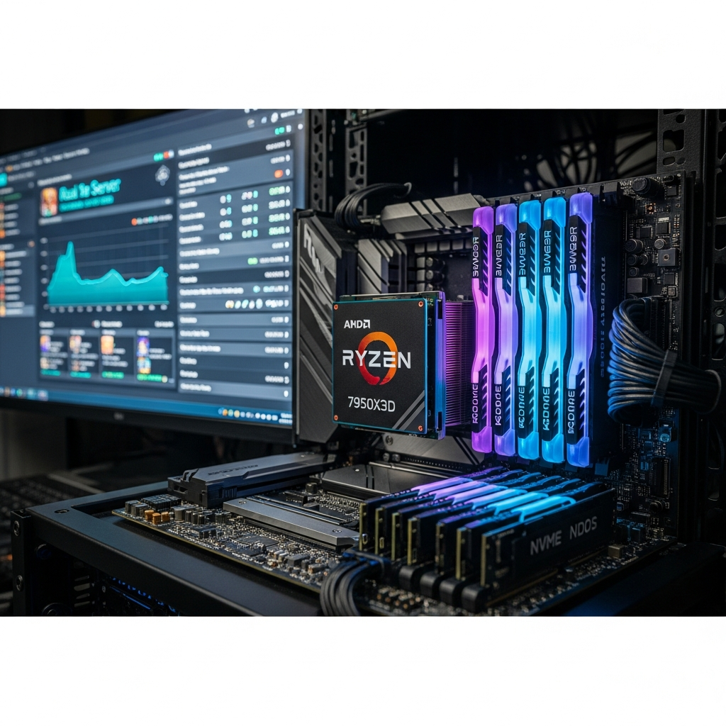 Fotorealistisches Bild eines modernen Serverracks mit AMD Ryzen 9 7950X3D Prozessor, leuchtenden DDR5-RAM-Modulen und NVMe-SSDs, im Hintergrund ein Monitor mit Minecraft-Server-Dashboard und Performance-Grafiken