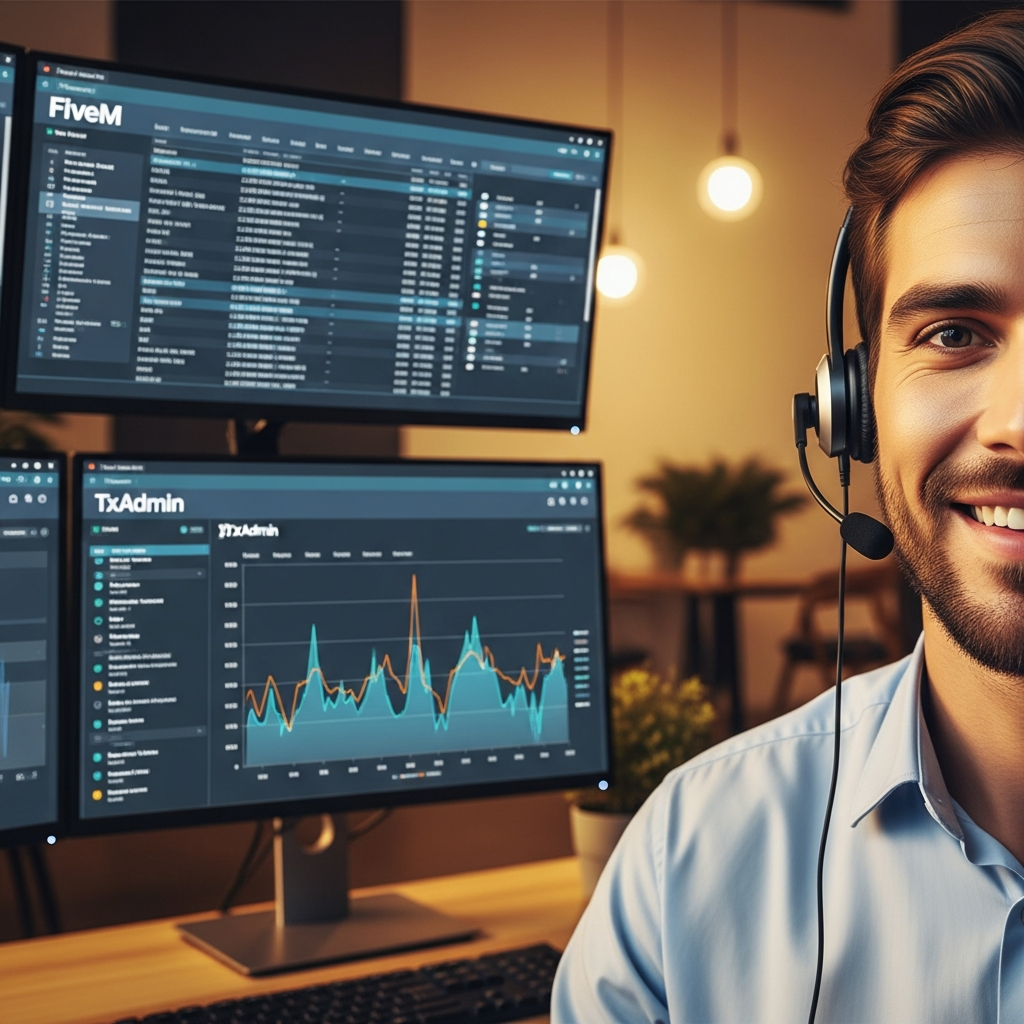 Fotorealistisches Close-up eines Support-Mitarbeiters mit Headset in modernem Büro, im Hintergrund mehrere Bildschirme mit FiveM-Server-Logs, txAdmin-Interface und Performance-Graphen, professionelle und freundliche Atmosphäre, warmes Licht, detaillierte Gesichtsmerkmale