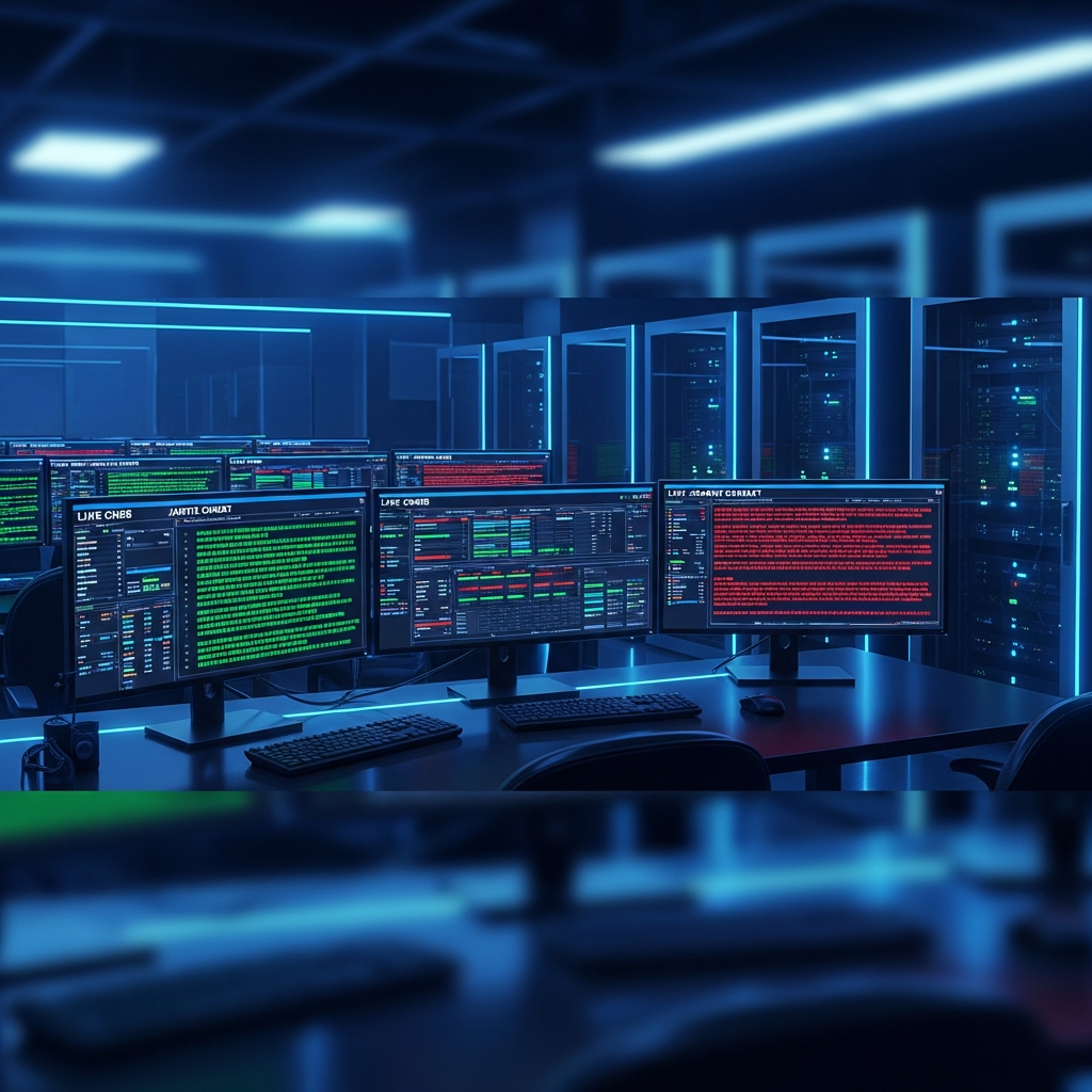 Futuristische Darstellung eines Server-Security-Dashboards, mehrere Monitore zeigen Live-Logs von Anti-Cheat-Systemen, grüne und rote Warnmeldungen, professionelles NOC-Environment mit blauer LED-Beleuchtung, realistische Technik-Atmosphäre