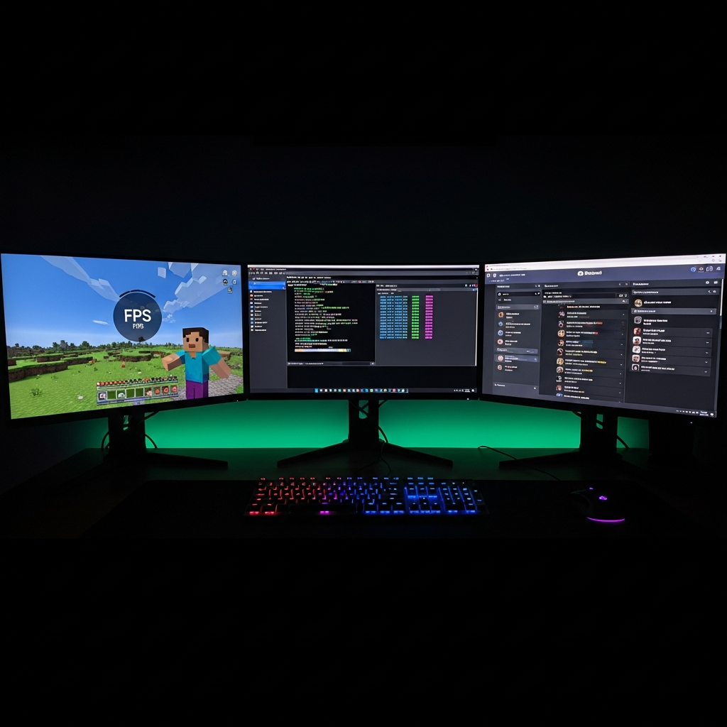 Gaming-Setup mit drei Monitoren, linker Bildschirm zeigt Minecraft-Gameplay mit Shader-Mod und hohen FPS, mittlerer Monitor Terminal mit VPS-SSH-Verbindung und htop Ressourcenmonitor, rechter Monitor Discord-Server mit aktiven Voice-Channels, RGB-beleuchtete Tastatur, fotorealistisch, Nachtaufnahme mit Bildschirmglow