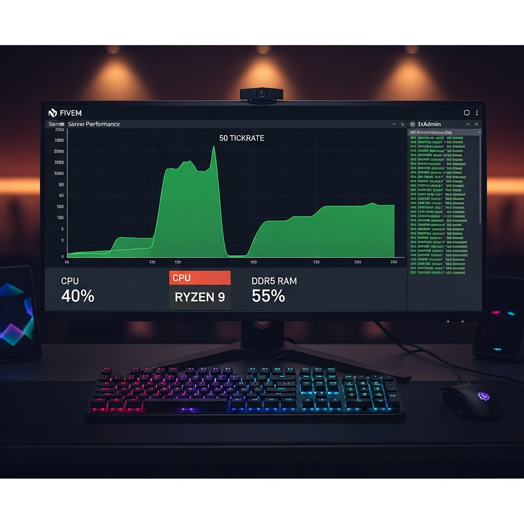 Gráfica de rendimiento de servidor FiveM en monitor ultra-wide, mostrando curvas estables de tickrate verde a 50 ticks/segundo, uso de CPU al 40% con procesador Ryzen 9, consumo de RAM DDR5 al 55%, consola de logs de txAdmin con mensajes de éxito en verde, entorno de administración profesional con teclado mecánico RGB y mouse gaming