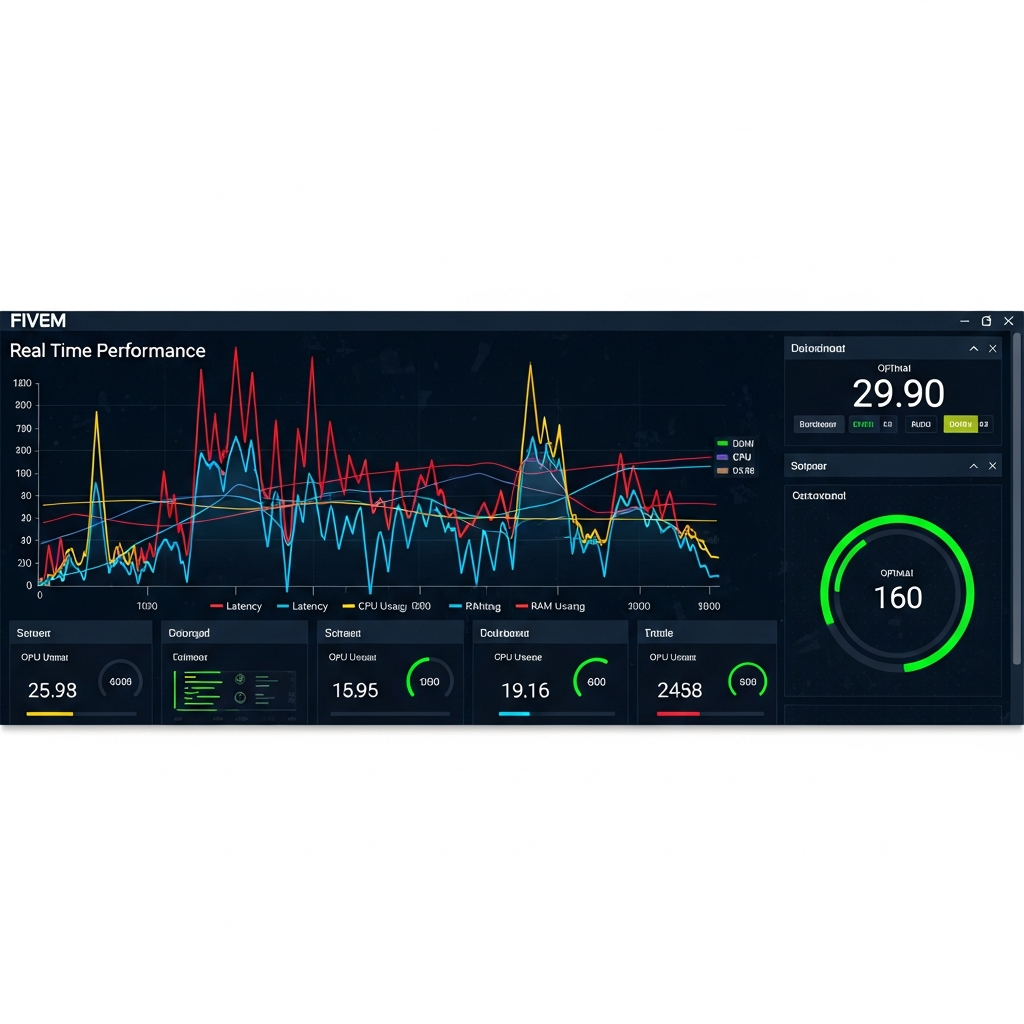 Gráfico de rendimiento con líneas de colores mostrando latencia, uso de CPU y RAM en tiempo real, fondo oscuro con interfaz de monitoreo estilo dashboard profesional, métricas de servidor FiveM con indicadores verdes de estado óptimo, diseño tecnológico y detallado