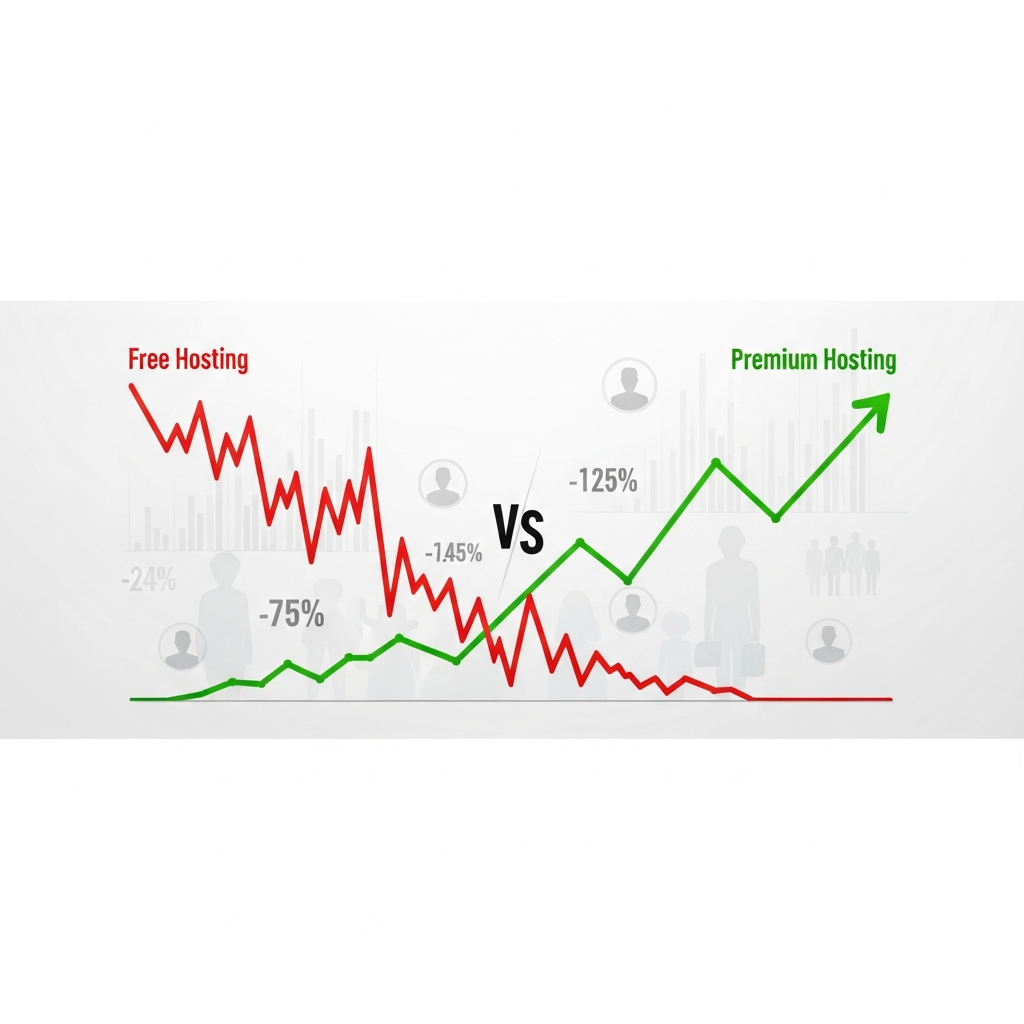 Gráfico fotorrealista estilo infografía comparando curvas de crecimiento de jugadores activos: línea roja descendente para hosting gratuito con caídas marcadas versus línea verde ascendente constante para hosting premium, fondo blanco con iconos de usuarios y estadísticas numéricas, diseño profesional editorial