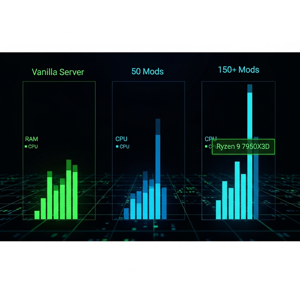 Gráfico técnico fotorrealista que muestra el monitor de recursos de un servidor Minecraft con tres columnas comparativas de uso de RAM y CPU, la primera con servidor vanilla (baja carga), la segunda con 50 mods (carga media), y la tercera con 150+ mods mostrando uso intensivo pero estable gracias al Ryzen 9 7950X3D, fondo oscuro con líneas de datos en verde y azul neón