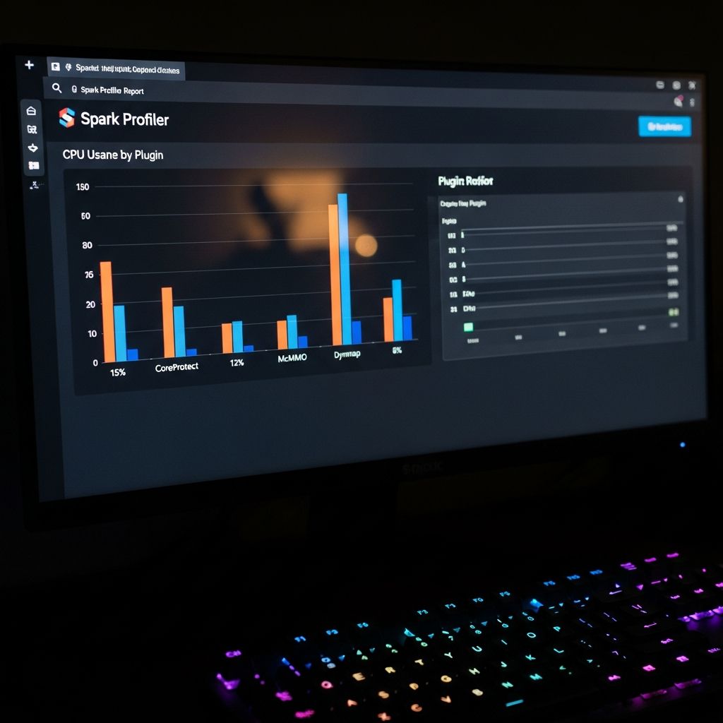 Gros plan photoréaliste sur un écran d'ordinateur affichant un rapport Spark profiler avec graphiques en barres colorées montrant l'utilisation CPU par plugin (CoreProtect 15%, McMMO 12%, Dynmap 8%), fond sombre, reflets subtils sur l'écran, clavier mécanique RGB visible en bas du cadre, ambiance de bureau de développeur la nuit