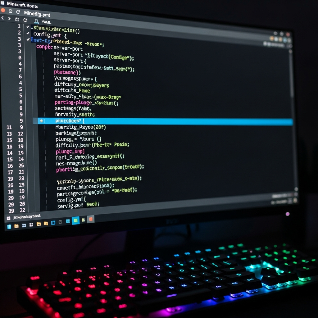 Gros plan photoréaliste sur un écran d'ordinateur affichant un fichier config.yml Minecraft en éditeur de code avec coloration syntaxique, lignes de paramètres techniques, clavier mécanique RGB flou au premier plan, ambiance de développeur la nuit