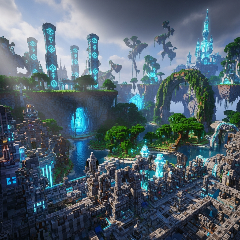 Hochauflösendes Foto eines aufgebauten Minecraft-Modpacks im Game: im Vordergrund komplexe technische Maschinen mit Rohrleitungen und Energieleitungen, im Hintergrund eine Fantasy-Landschaft mit neuen Biomen und magischen Strukturen, fotorealistische Grafik durch Shader, detaillierte Texturen