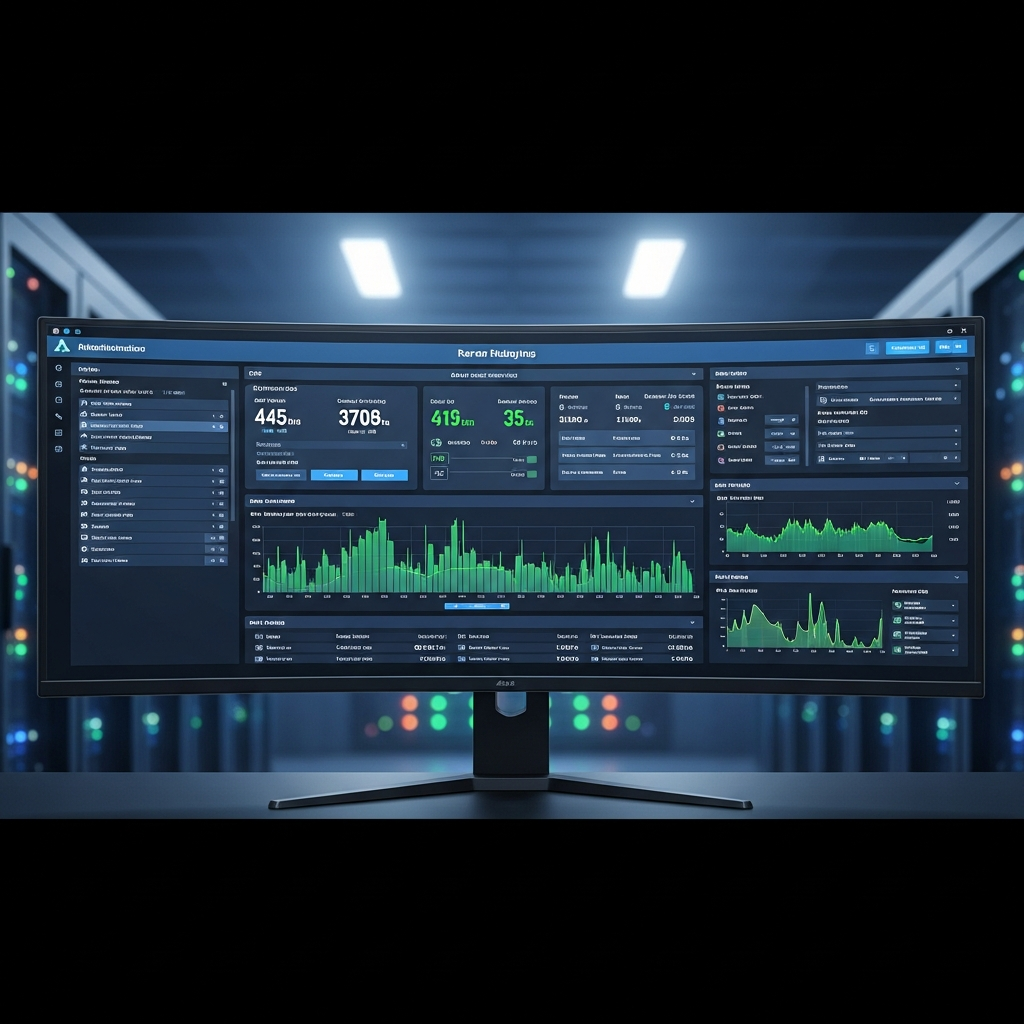 Hochdetaillierter fotorealistischer Screenshot einer ARK-Serververwaltungsoberfläche mit Echtzeit-Ressourcenmonitoring, Grafiken zur CPU-Auslastung, RAM-Nutzung und Netzwerk-Traffic, moderne Dashboard-Ansicht auf einem ultrabreiten Curved-Monitor, professionelle Serverraum-Atmosphäre mit gedämpftem Licht