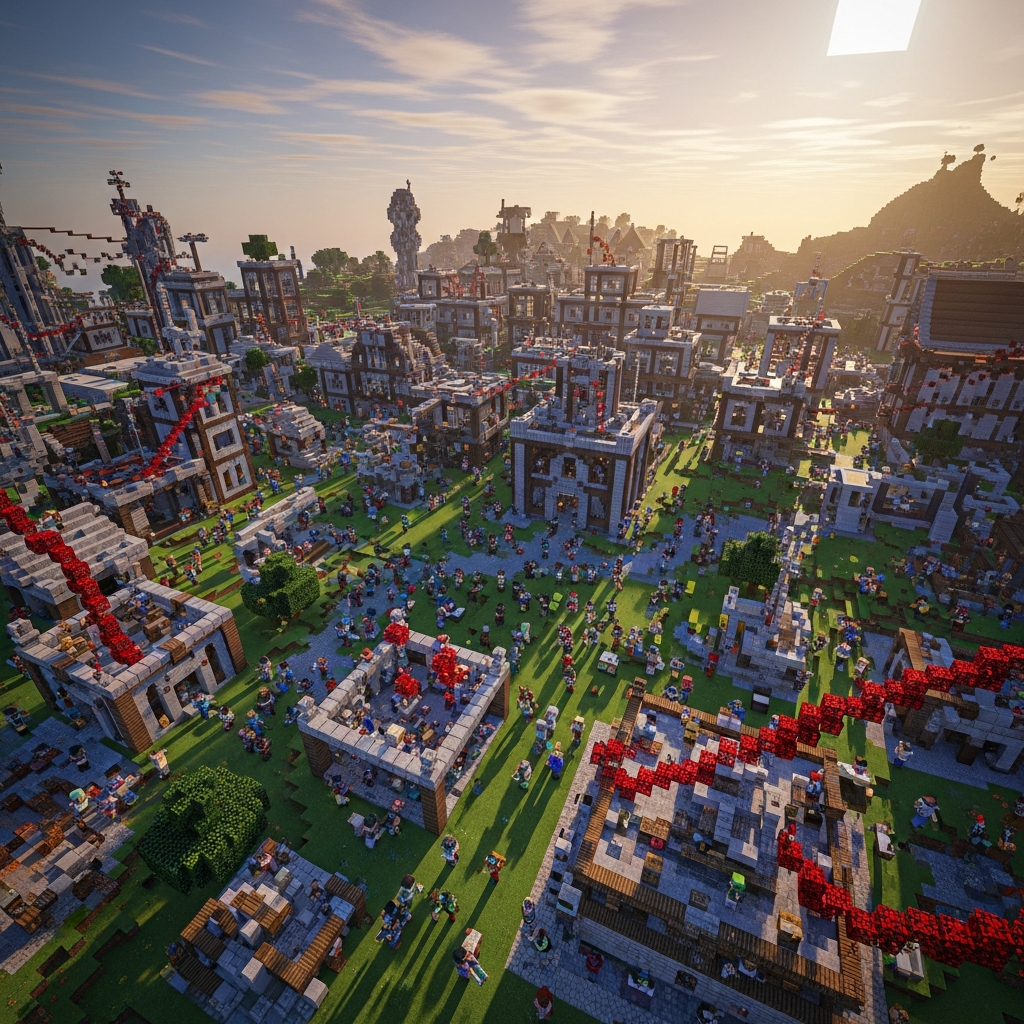 Hochdetailliertes Foto einer großen Minecraft-Serverwelt aus der Vogelperspektive, fotorealistische Darstellung mit hunderten von Spielern, komplexen Redstone-Maschinen und Modpack-Strukturen, dramatische Beleuchtung bei Sonnenuntergang