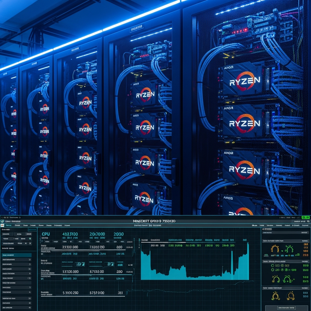 Hochmodernes Rechenzentrum mit leuchtenden AMD Ryzen 9 7950X3D Servern in schwarzen Racks, blaue LED-Beleuchtung, NVMe-SSD-Arrays und Glasfaser-Netzwerkkabel in professioneller Kabelführung, Nahaufnahme eines Monitoring-Bildschirms mit Minecraft-Server-Metriken