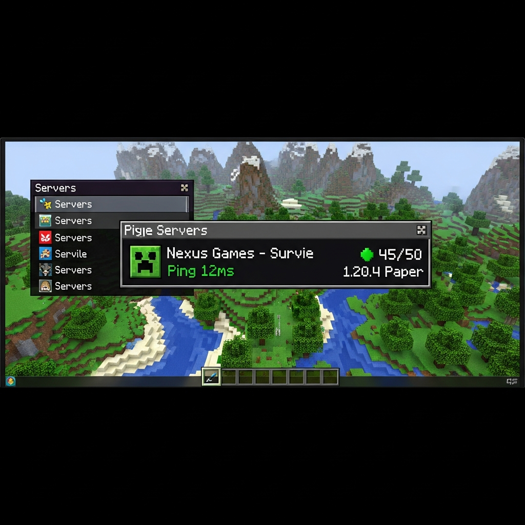 Illustration photoréaliste d'un écran de jeu Minecraft affichant l'interface multijoueur, avec liste de serveurs montrant un serveur nommé "Nexus Games - Survie" avec indicateur de ping vert à 12ms, 45/50 joueurs connectés, version 1.20.4 Paper, fond d'écran du menu Minecraft avec paysage cubique généré procéduralement