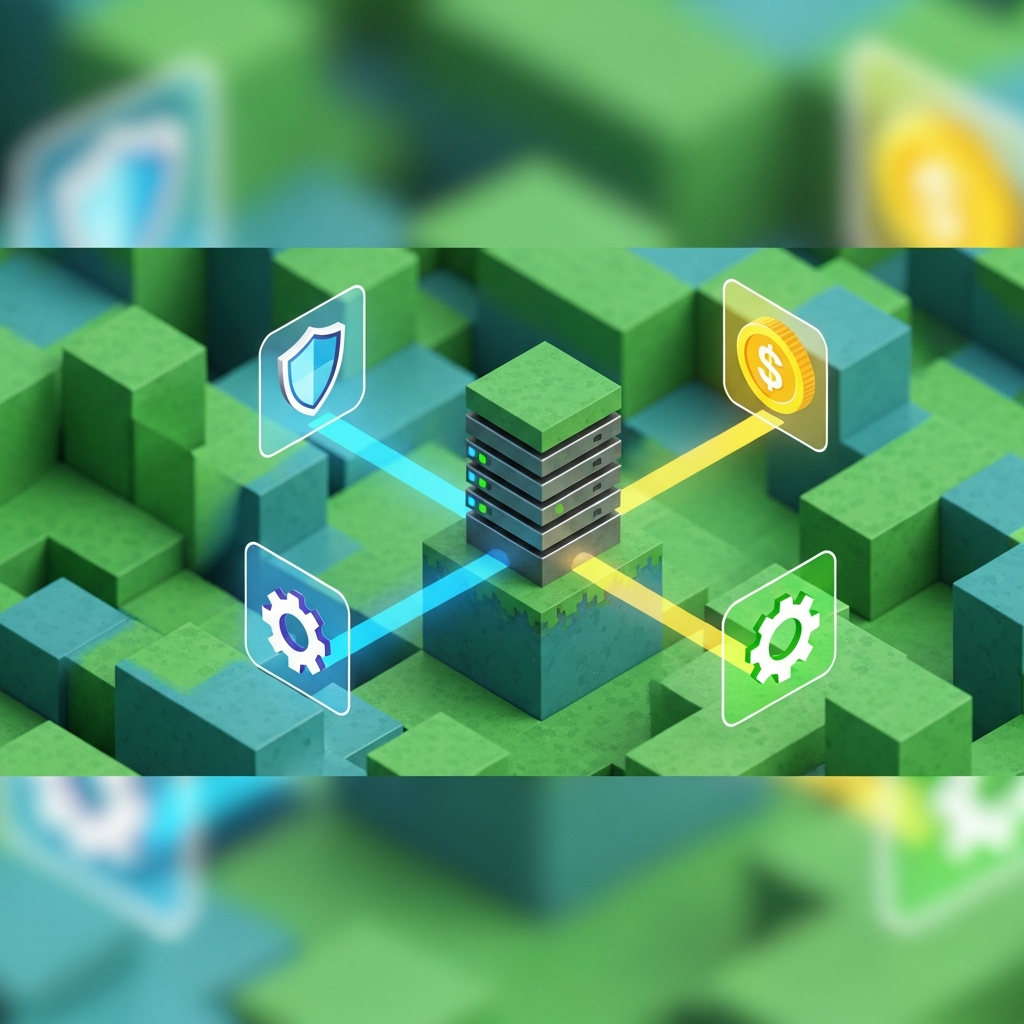 Illustration photoréaliste en vue isométrique d'un serveur Minecraft stylisé en blocs, entouré d'icônes flottantes représentant des plugins (bouclier pour protection, pièce d'or pour économie, engrenage pour optimisation), avec des faisceaux lumineux colorés reliant chaque icône au serveur central, fond cubique vert et bleu