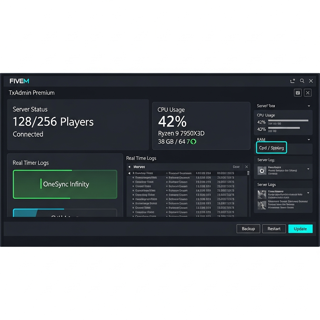 Illustration photoréaliste en vue subjective d'un dashboard FiveM TxAdmin premium sur écran ultra-wide : section "Server Status" affichant 128/256 joueurs connectés, CPU usage 42% sur Ryzen 9 7950X3D, RAM 38 Go/64 Go, indicateur OneSync Infinity activé en vert, logs en temps réel défilant avec événements serveur, boutons Backup/Restart/Update en surbrillance, interface moderne dark mode avec accents cyan