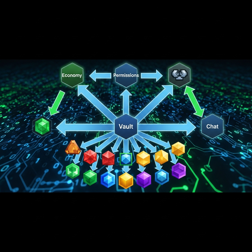 Ilustración técnica fotorrealista de un diagrama de flujo de datos mostrando cómo Vault conecta múltiples plugins de Minecraft (representados como nodos coloridos) con sistemas de economía, permisos y chat en el centro, con flechas indicando transferencias de datos bidireccionales sobre un fondo de código abstracto