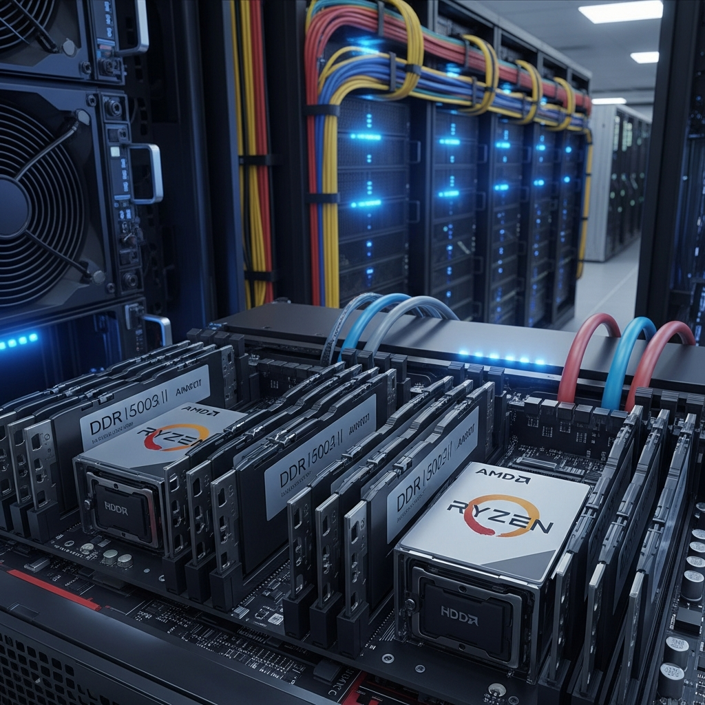 Ilustración técnica realista de un rack de servidores en datacenter moderno con luces LED azules y verdes, primer plano de procesadores AMD Ryzen y módulos RAM DDR5 instalados, ambiente profesional con cables organizados y ventilación visible