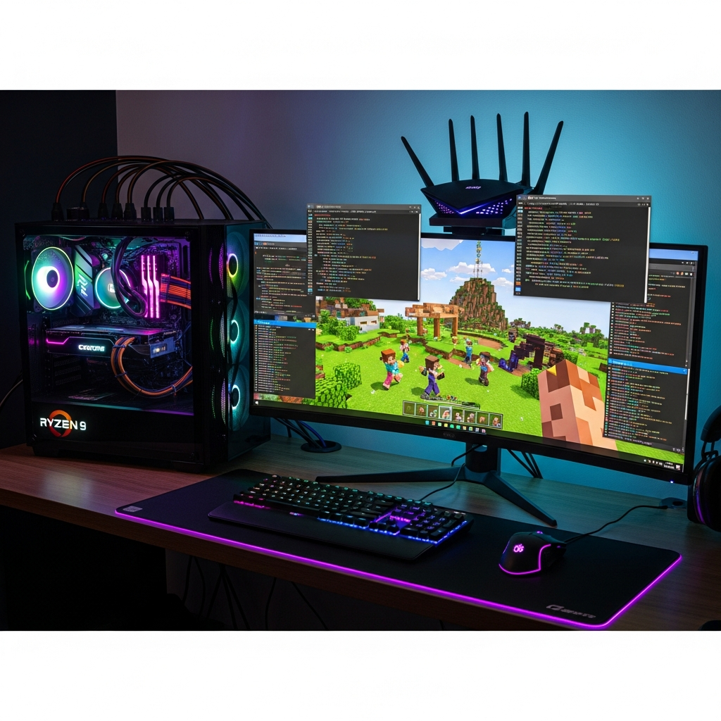 Imagen fotorrealista de un escritorio gamer con monitor ultrawide mostrando Minecraft ejecutándose en un servidor multiplayer, con ventanas de terminal Linux visibles, hardware AMD Ryzen 9 con iluminación RGB en una torre de PC, y cables de red conectados a un router gaming