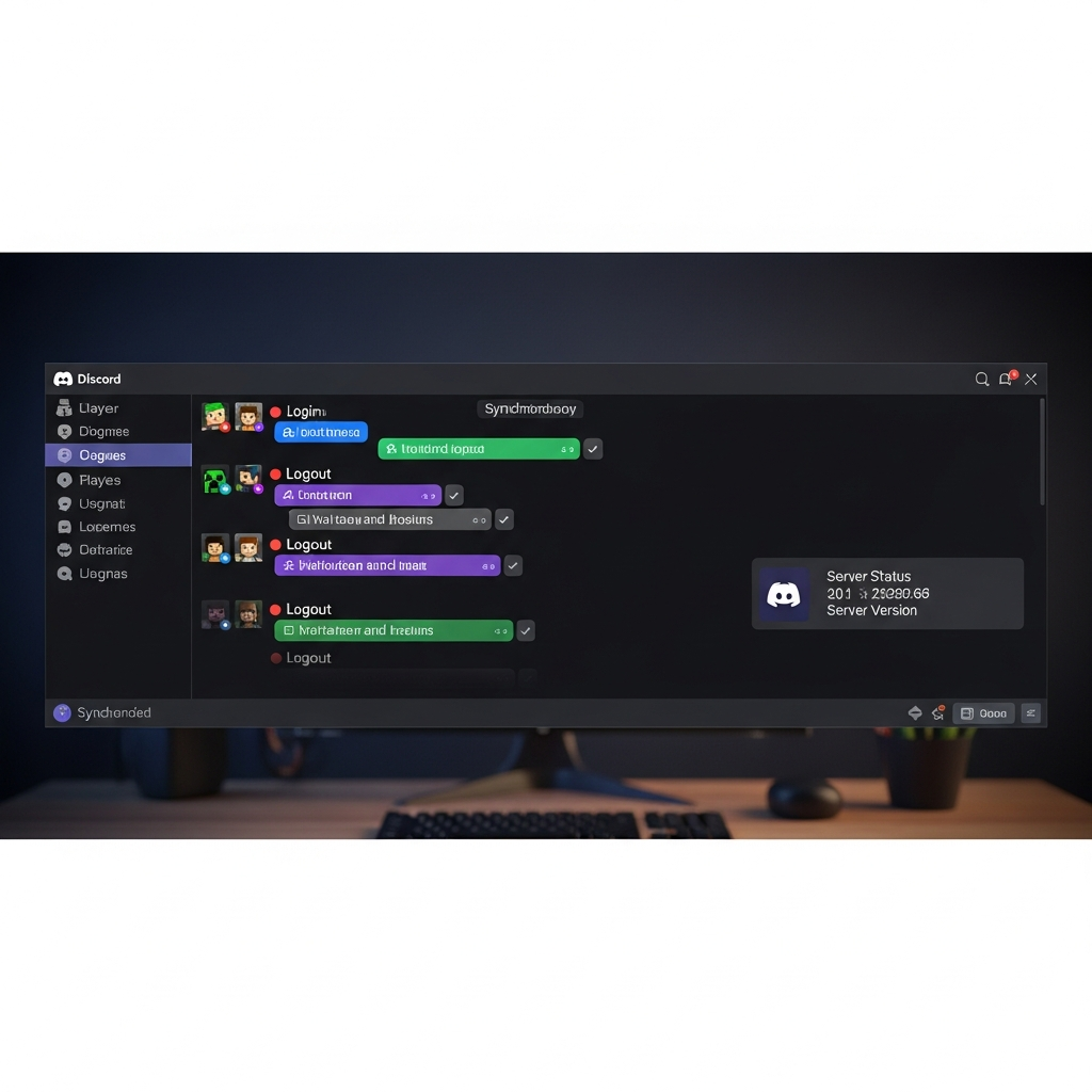 Interface Discord moderne montrant un salon de chat avec messages synchronisés depuis Minecraft, avatars de joueurs Minecraft stylisés, notifications de connexion/déconnexion colorées, embed élégant affichant le statut du serveur, design épuré thème sombre