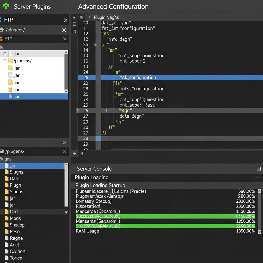 Interface de configuración avanzada mostrando archivos YAML de plugins de Minecraft en un editor de código con sintaxis resaltada, panel lateral con FTP mostrando carpeta /plugins/ con múltiples archivos JAR, consola de servidor en tiempo real mostrando carga de plugins al inicio con mensajes de éxito en verde y estadísticas de memoria RAM